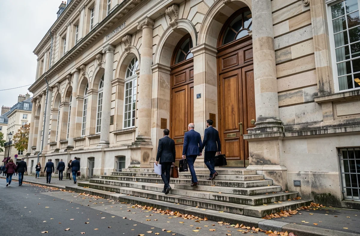 Palais de justice français avec des justiciables se rendant au tribunal pour une procédure d'annulation de vente immobilière