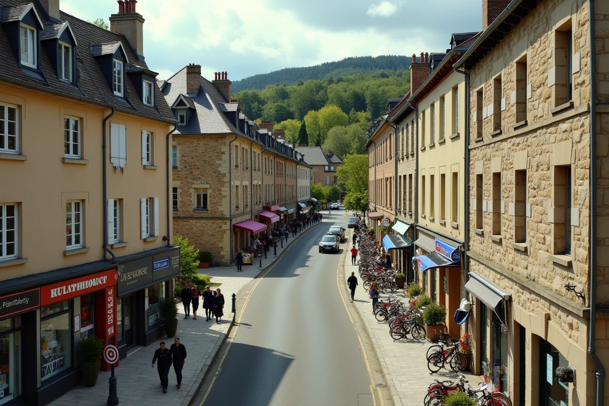 Vue panoramique d'un quartier de Bergerac avec marché local, immeubles résidentiels et commerces