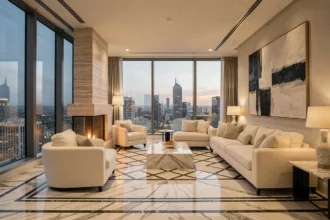Salon d'un penthouse ultra-luxueux avec vue panoramique sur une skyline urbaine, mobilier en bouclé crème et sol en marbre géométrique