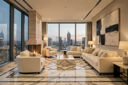 Salon d'un penthouse ultra-luxueux avec vue panoramique sur une skyline urbaine, mobilier en bouclé crème et sol en marbre géométrique