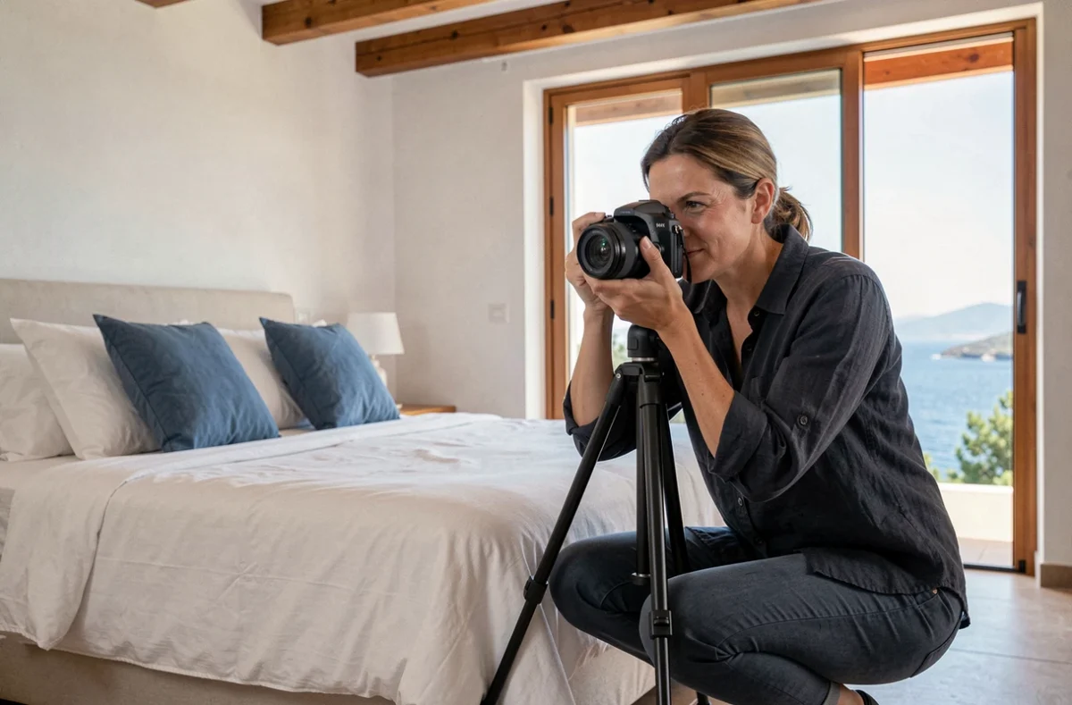 Photographe professionnelle préparant un shooting d'annonce pour une chambre de location saisonnière en bord de mer