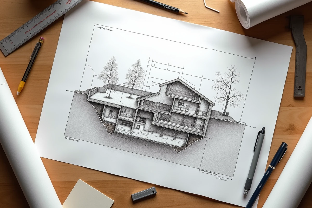 Vue aérienne d'un plan en coupe de terrain et de bâtiment dessiné à la main avec outils de dessin technique