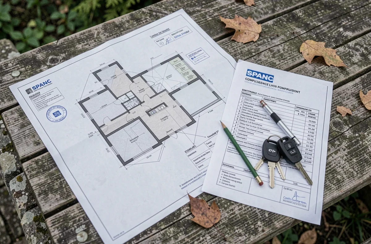 Plan de propriété et rapport de conformité SPANC pour une maison avec fosse septique à vendre à la campagne