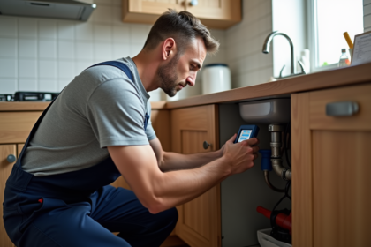 Plombier en overalls examine des tuyaux dans une cuisine moderne