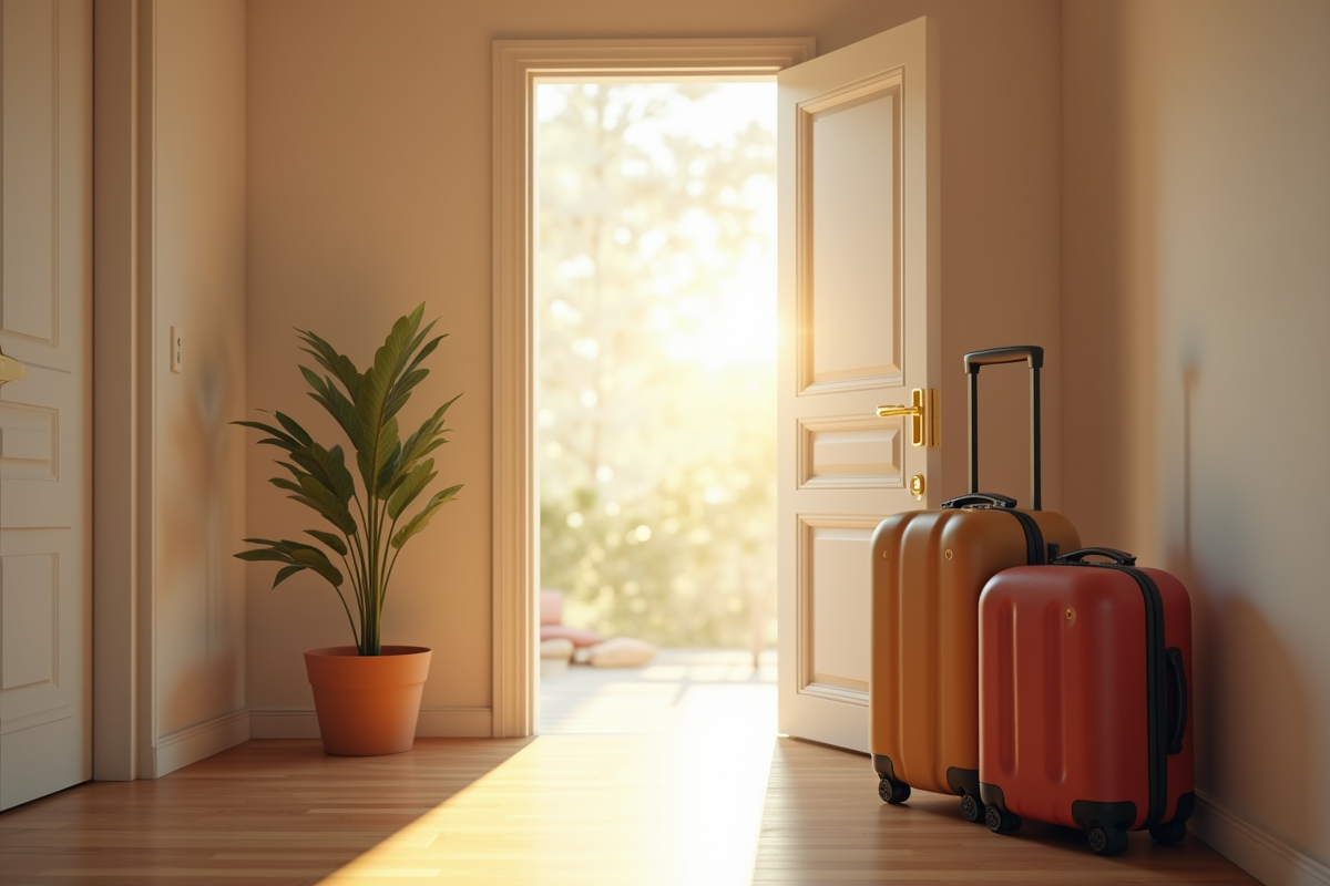 Porte ouverte avec valises et plante dans un couloir ensoleille
