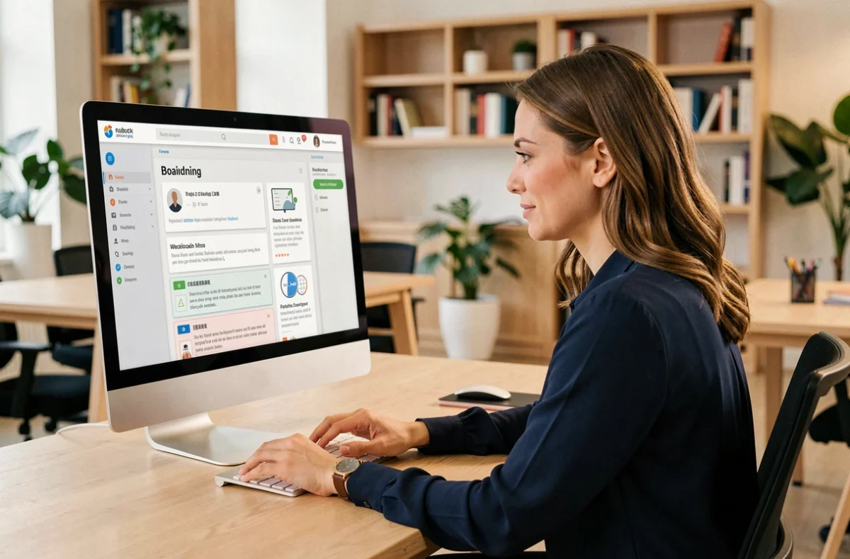 Femme professionnelle découvrant pour la première fois une interface de tableau de bord web orchestrav2 sur un écran de bureau dans un bureau moderne