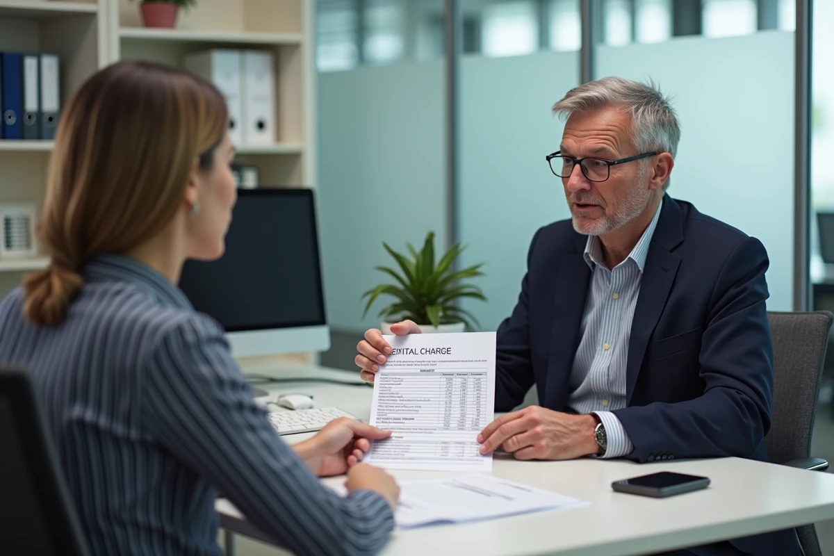 Propriétaire et agent immobilier discutant du remboursement des charges locatives dans une agence