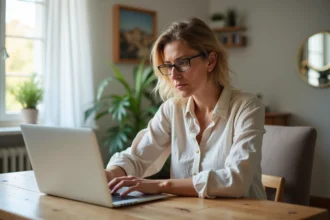 Propriétaire consultant les avis sur 123loger depuis son appartement, expression nuancée devant son ordinateur portable