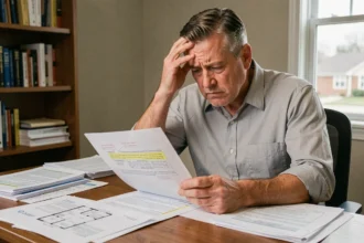 Propriétaire stressé examinant des documents immobiliers pour préparer une annulation de vente pour tromperie
