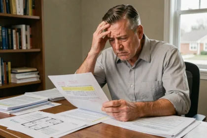 Propriétaire stressé examinant des documents immobiliers pour préparer une annulation de vente pour tromperie