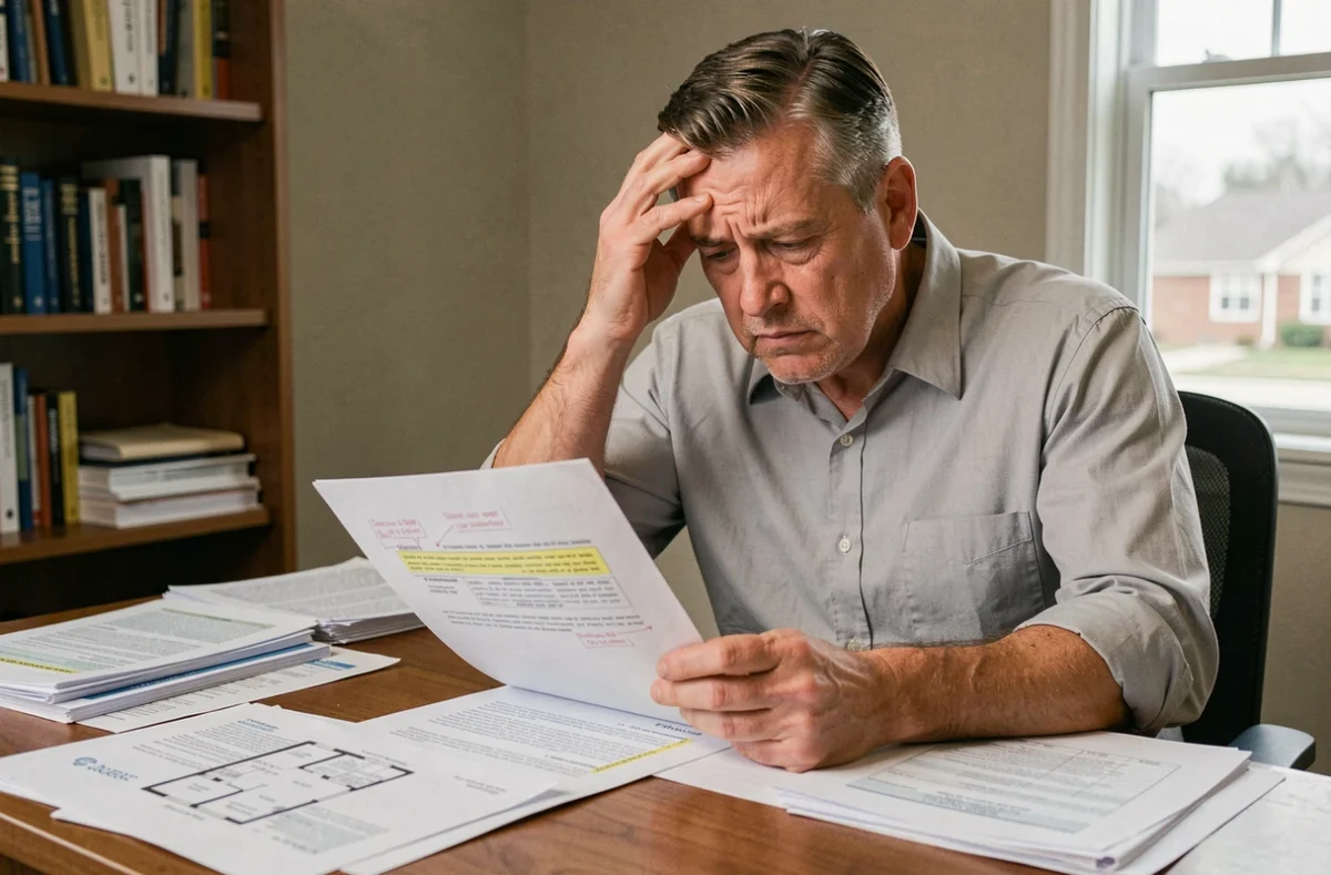 Propriétaire stressé examinant des documents immobiliers pour préparer une annulation de vente pour tromperie