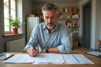 Propriétaire examinant des documents de charges locatives dans un appartement loué vide