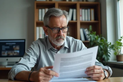 Propriétaire examinant des documents fiscaux liés à la taxe sur les logements vacants à son bureau à domicile