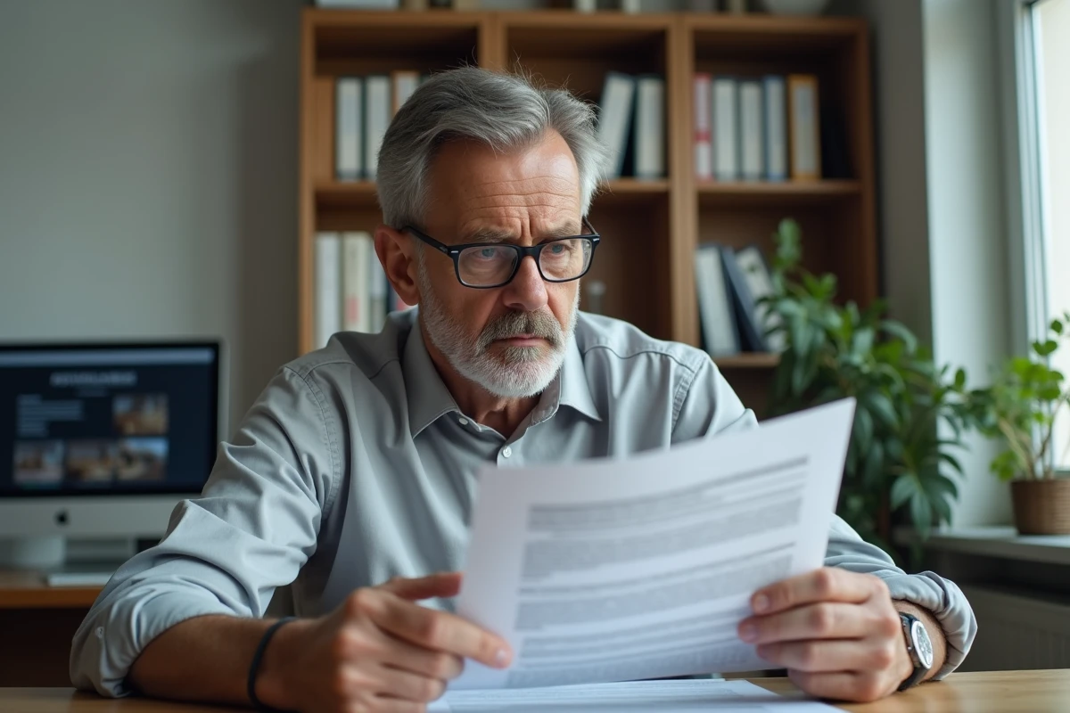 Propriétaire examinant des documents fiscaux liés à la taxe sur les logements vacants à son bureau à domicile