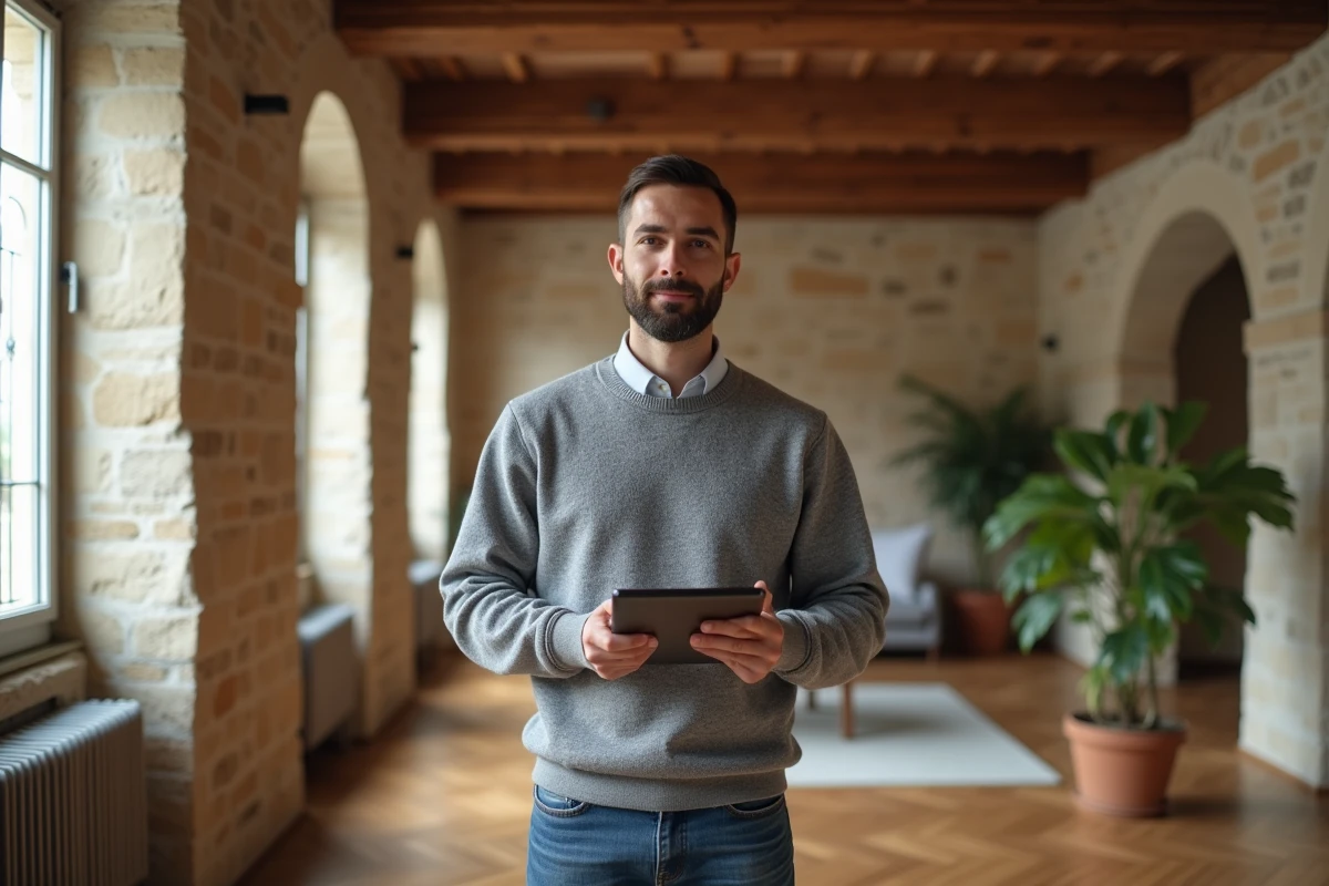 Propriétaire consultant un outil d'estimation de loyer sur tablette dans un appartement lyonnais au parquet en chevron