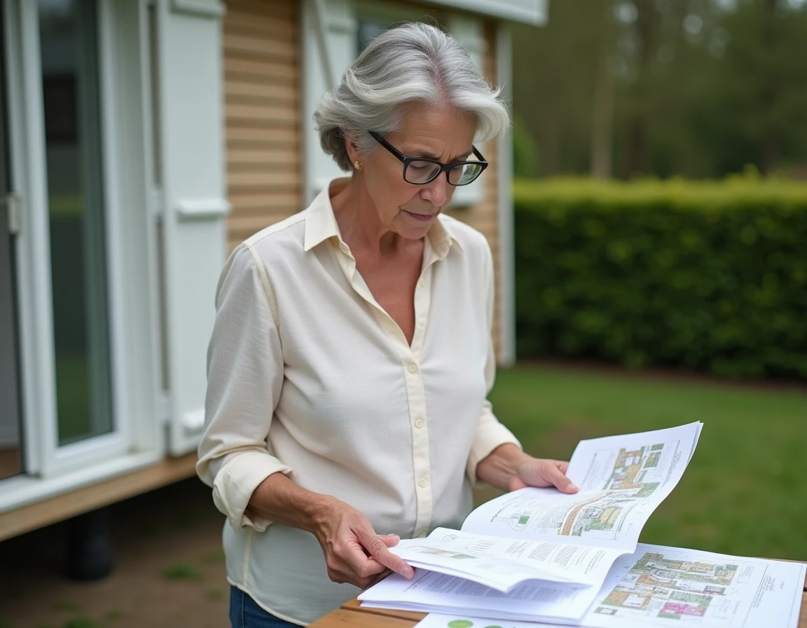 Femme consultant des documents administratifs devant son mobil-home installé sur terrain privé en zone rurale