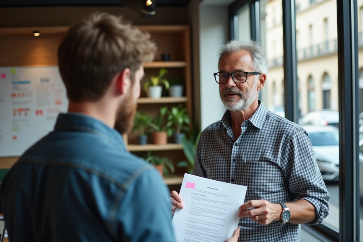 Propriétaire immobilier discutant des retours d'expérience 123loger avec un collègue dans un espace de coworking