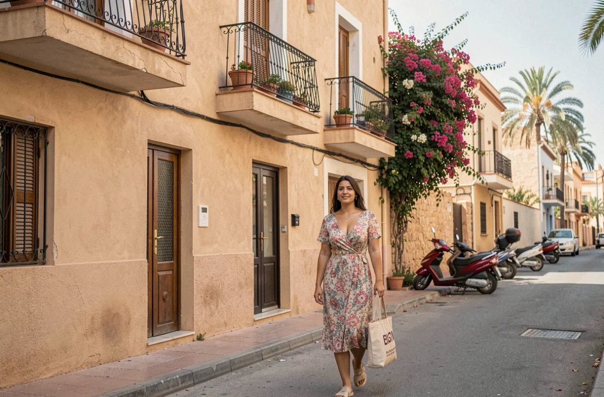 Femme marchant devant un immeuble résidentiel dans le quartier Gueliz à Marrakech, pour illustrer les quartiers accessibles pour acheter un appartement à Marrakech