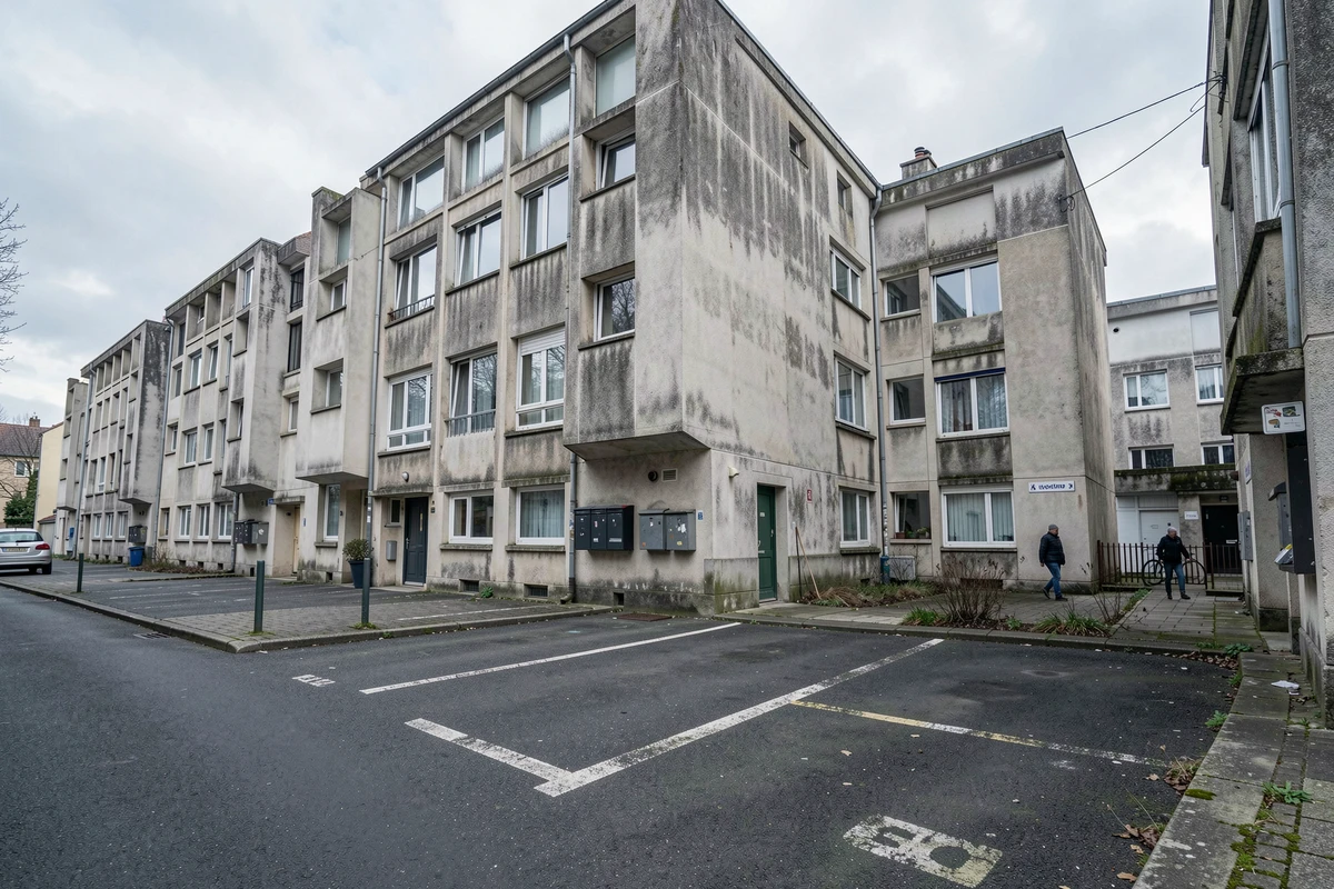Vue grand angle d'un quartier vétuste avec immeubles dégradés dans une ville du sud de la France