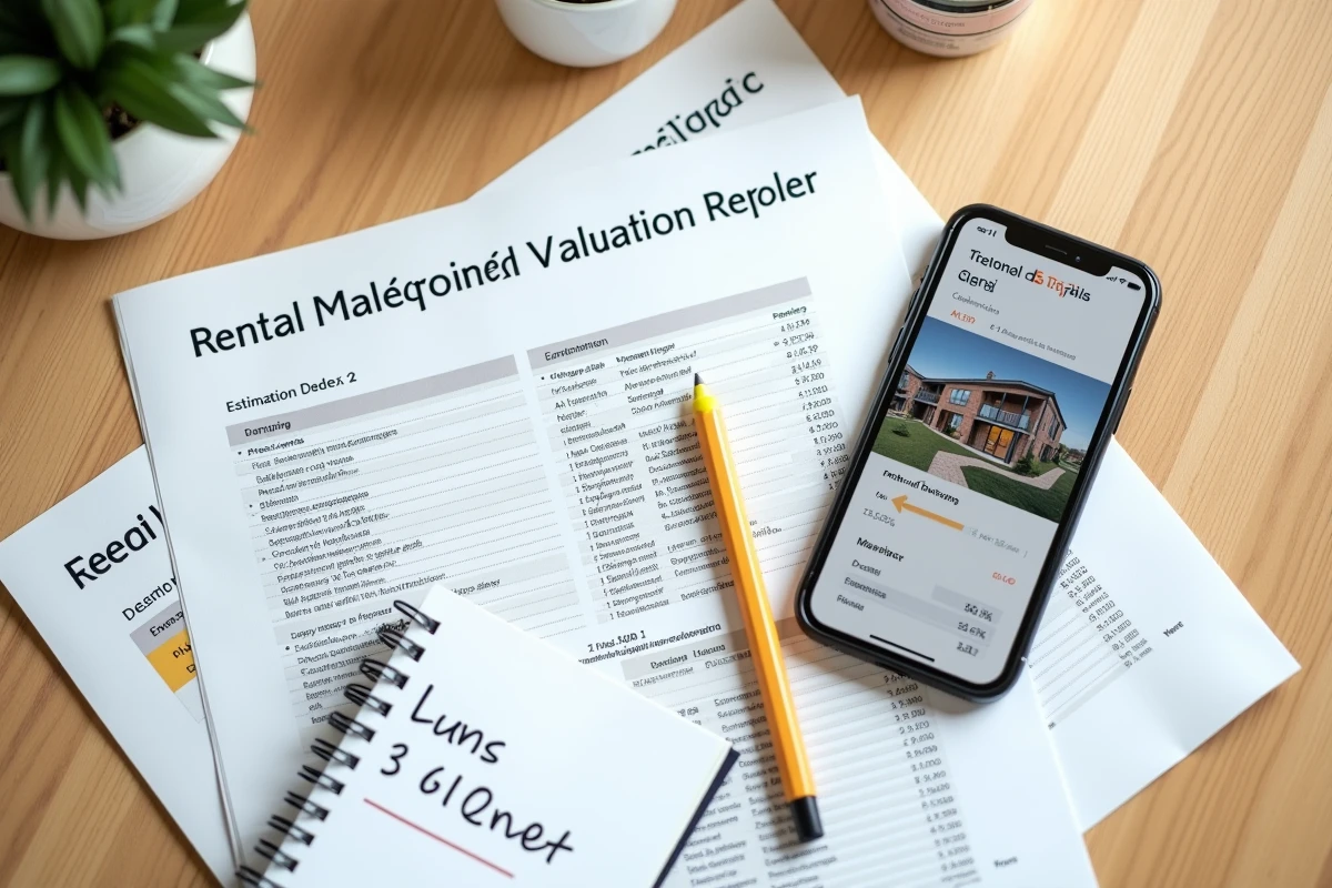 Vue aérienne d'un rapport d'estimation de loyer imprimé avec smartphone et notes manuscrites sur une table en bois