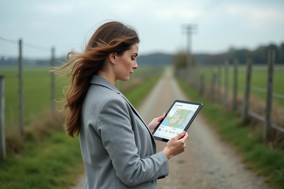 Femme consultant le cadastre en ligne sur une tablette pour identifier le propriétaire d'une parcelle de terrain à la campagne