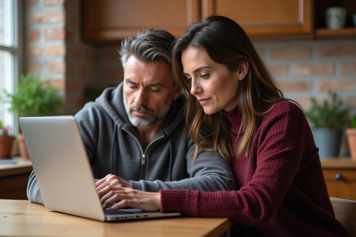 Couple effectuant un recours en ligne pour contestation de contribution sécurité immobilière depuis leur domicile