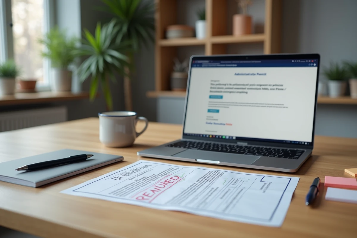 Bureau avec lettre de refus de permis de construire et ordinateur affichant un portail administratif