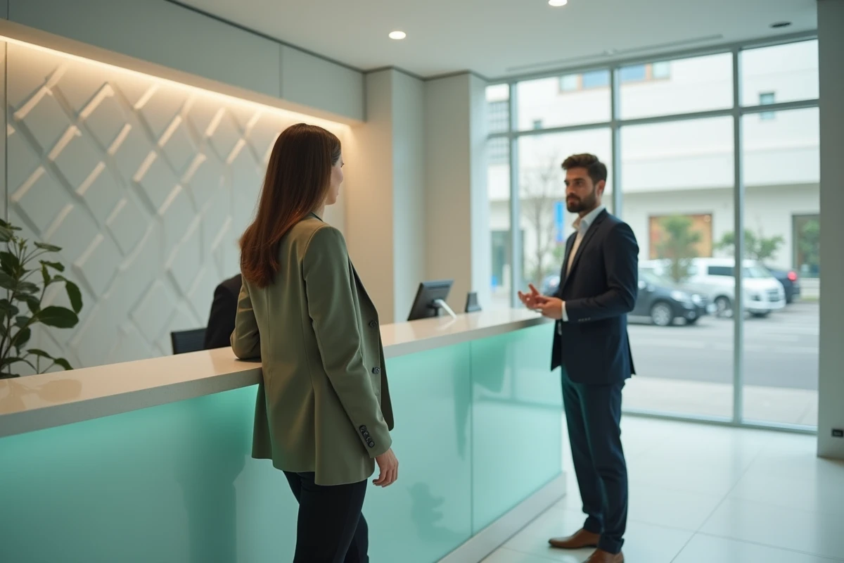 Femme discutant d'un remboursement de contribution sécurité immobilière avec un conseiller bancaire au guichet