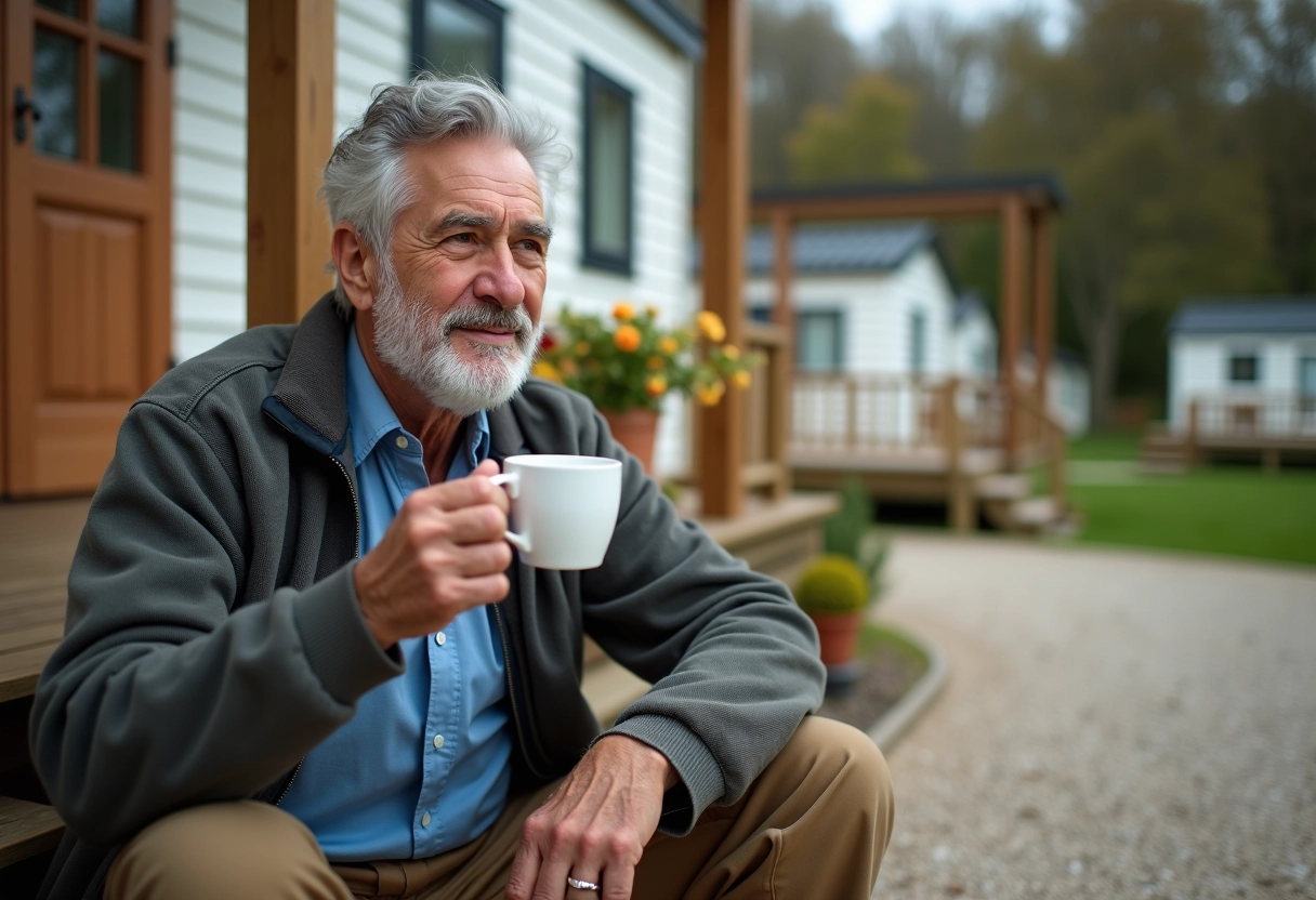 Homme retraité assis devant son mobilhome avec tasse de café