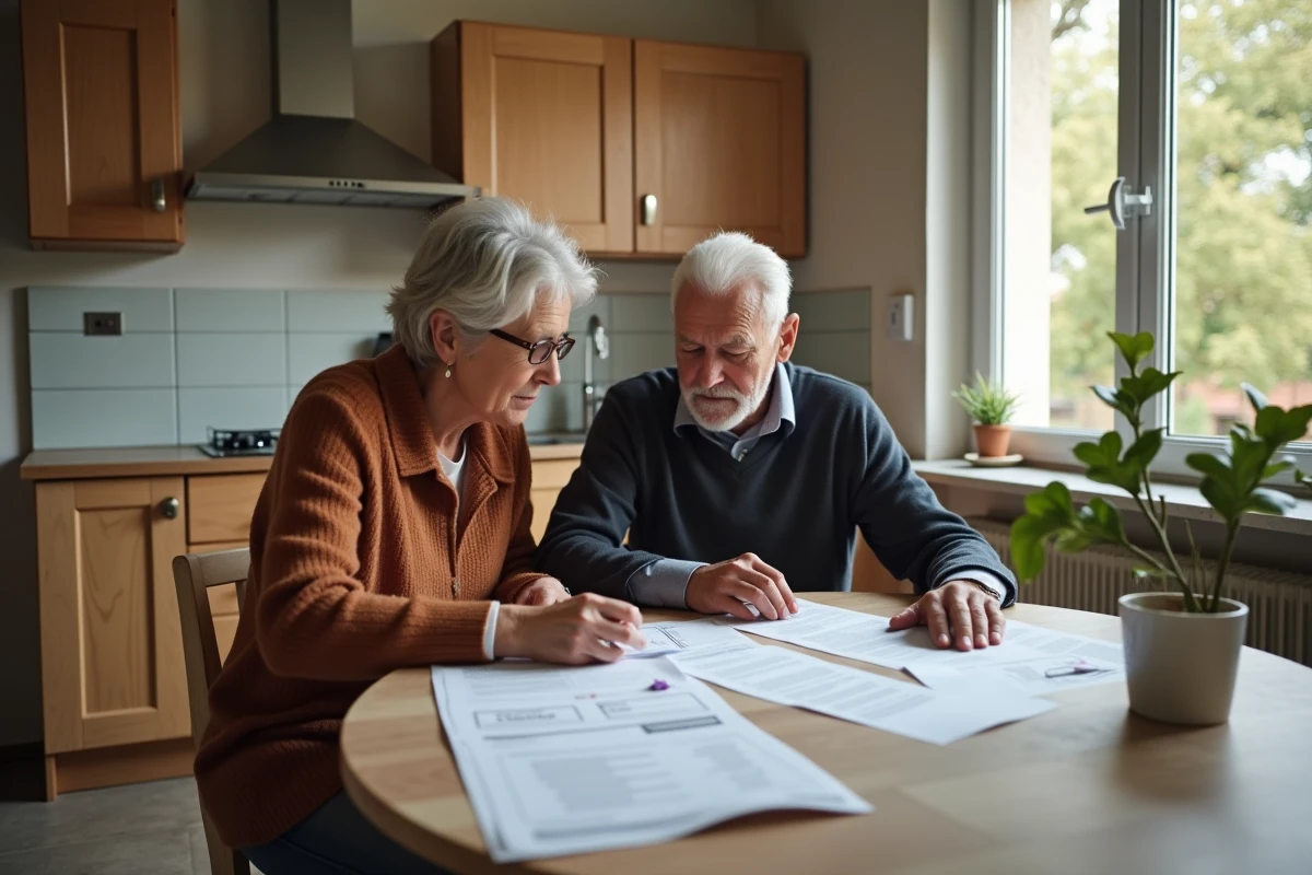Senior et jeune femme examinant des documents dans une cuisine