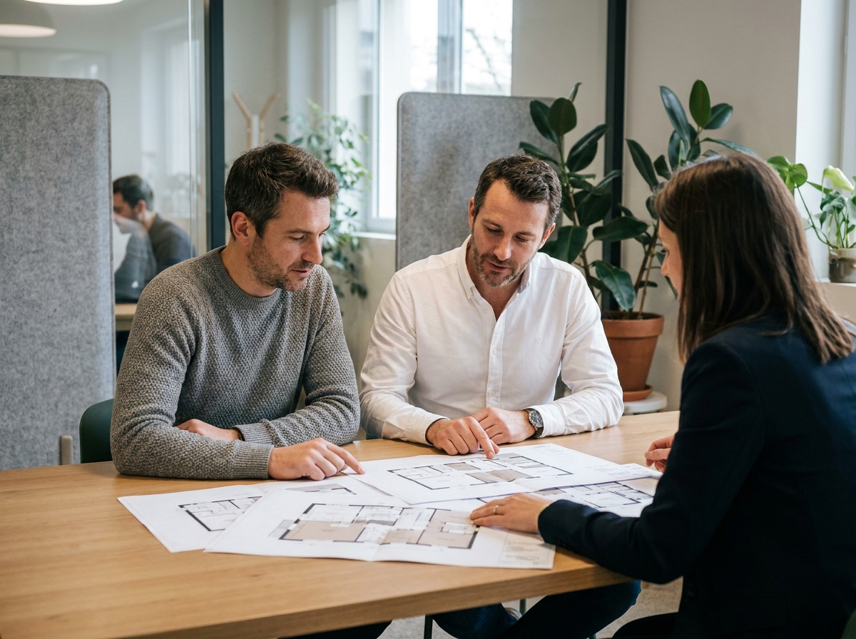 Réunion entre entrepreneurs et agent immobilier pour définir la taille idéale de bureaux à louer à Nantes