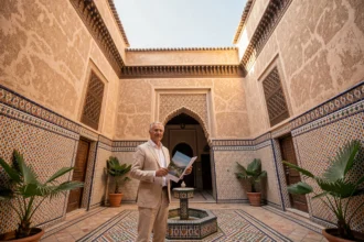 Agent immobilier dans un riad traditionnel de Marrakech avec carrelage zellige et fontaine en mosaïque, illustration pour vente appartement Marrakech 50000 euros