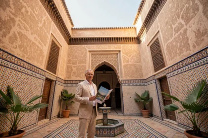 Agent immobilier dans un riad traditionnel de Marrakech avec carrelage zellige et fontaine en mosaïque, illustration pour vente appartement Marrakech 50000 euros