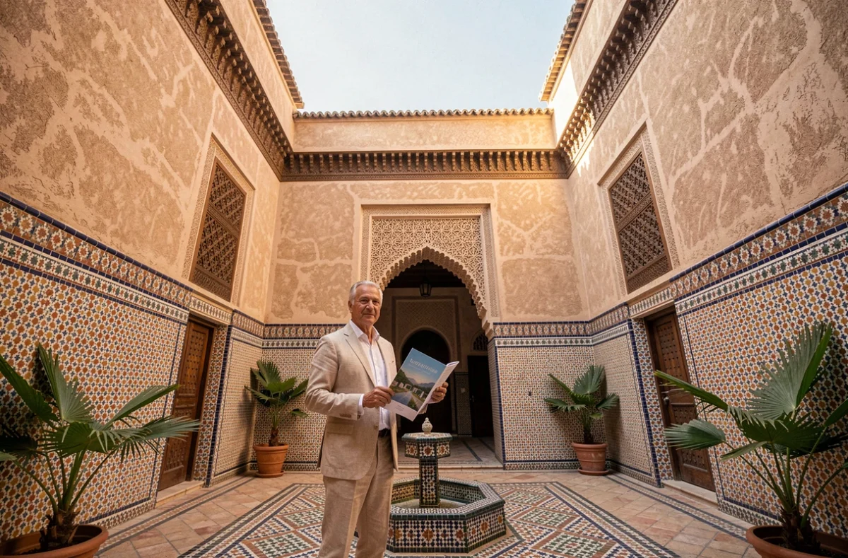 Agent immobilier dans un riad traditionnel de Marrakech avec carrelage zellige et fontaine en mosaïque, illustration pour vente appartement Marrakech 50000 euros