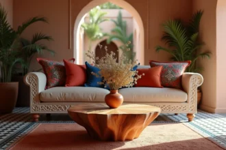 Salon marocain soigneusement décoré dans un appartement à Marrakech avec carreaux de zellige, coussins colorés et porte en bois sculpté ouvrant sur un patio