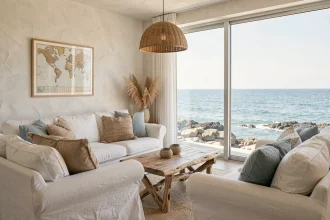 Salon lumineux d'une location bord de mer avec vue panoramique sur l'océan, décor en lin blanc et touches nautiques