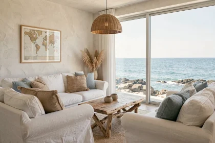 Salon lumineux d'une location bord de mer avec vue panoramique sur l'océan, décor en lin blanc et touches nautiques