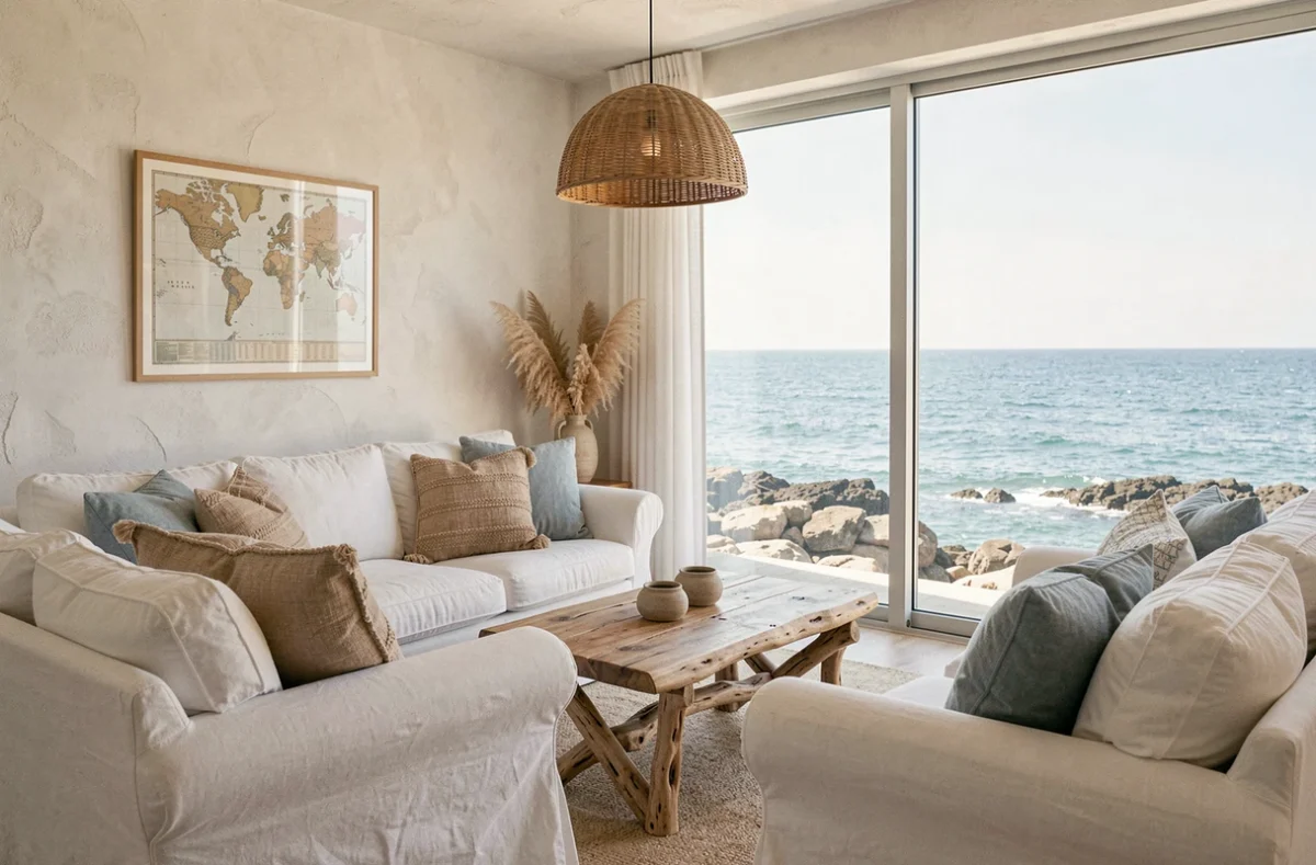 Salon lumineux d'une location bord de mer avec vue panoramique sur l'océan, décor en lin blanc et touches nautiques