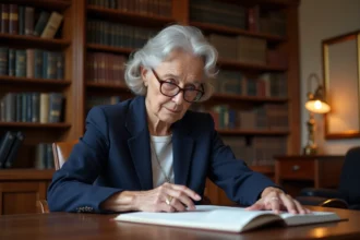 Une femme senior examine attentivement des documents de viager chez un notaire dans un bureau traditionnel en bois