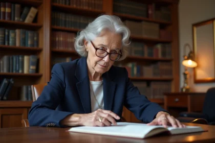 Une femme senior examine attentivement des documents de viager chez un notaire dans un bureau traditionnel en bois