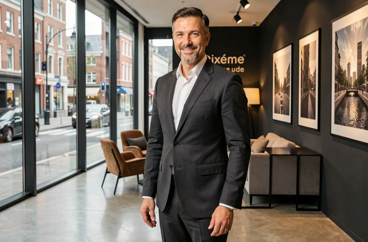 Agent Sixième Avenue dans un showroom immobilier contemporain avec vue sur une rue urbaine de Lille