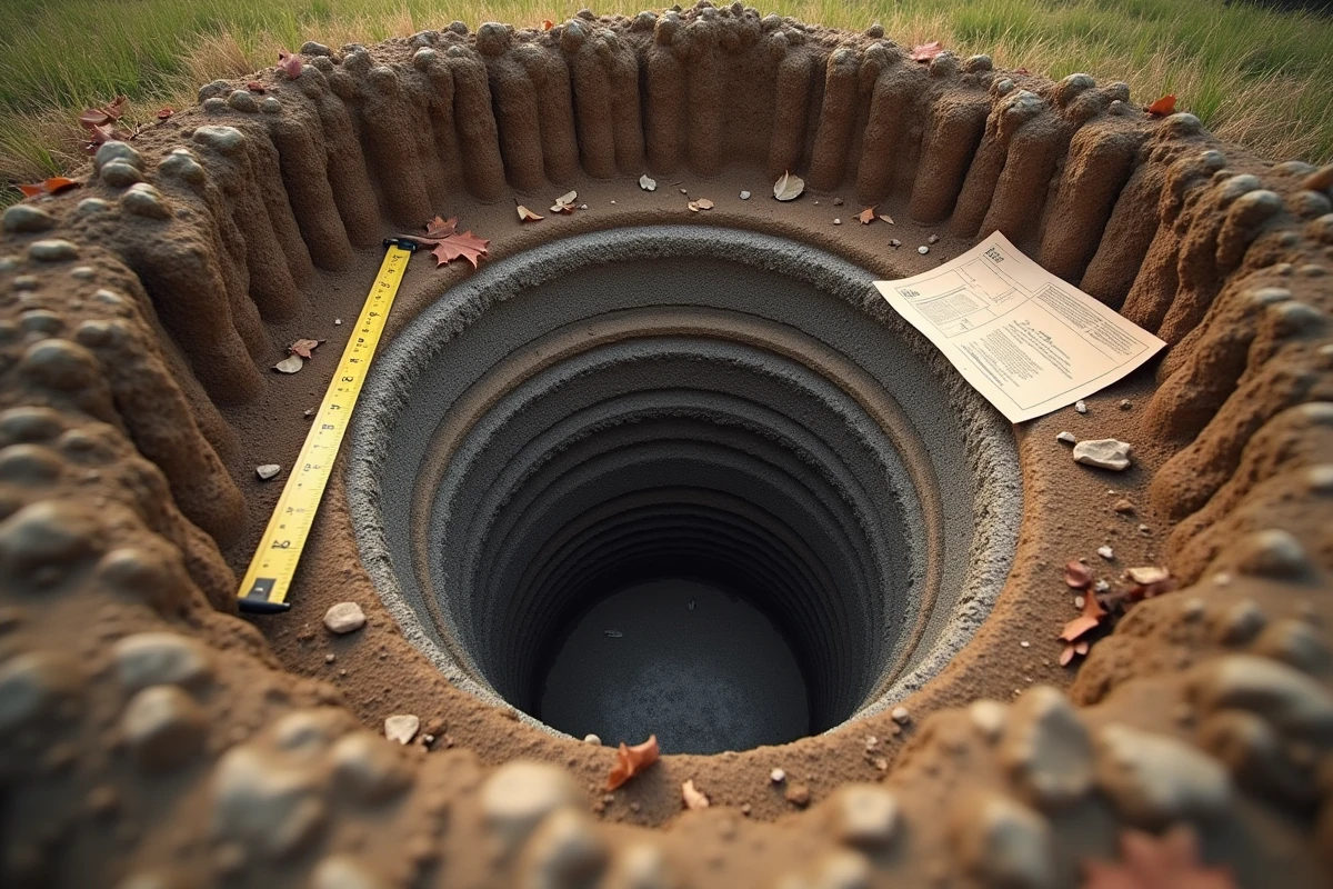 Vue aérienne d'un sondage de sol excavé montrant les couches stratigraphiques pour une étude de sol SPANC et assainissement individuel