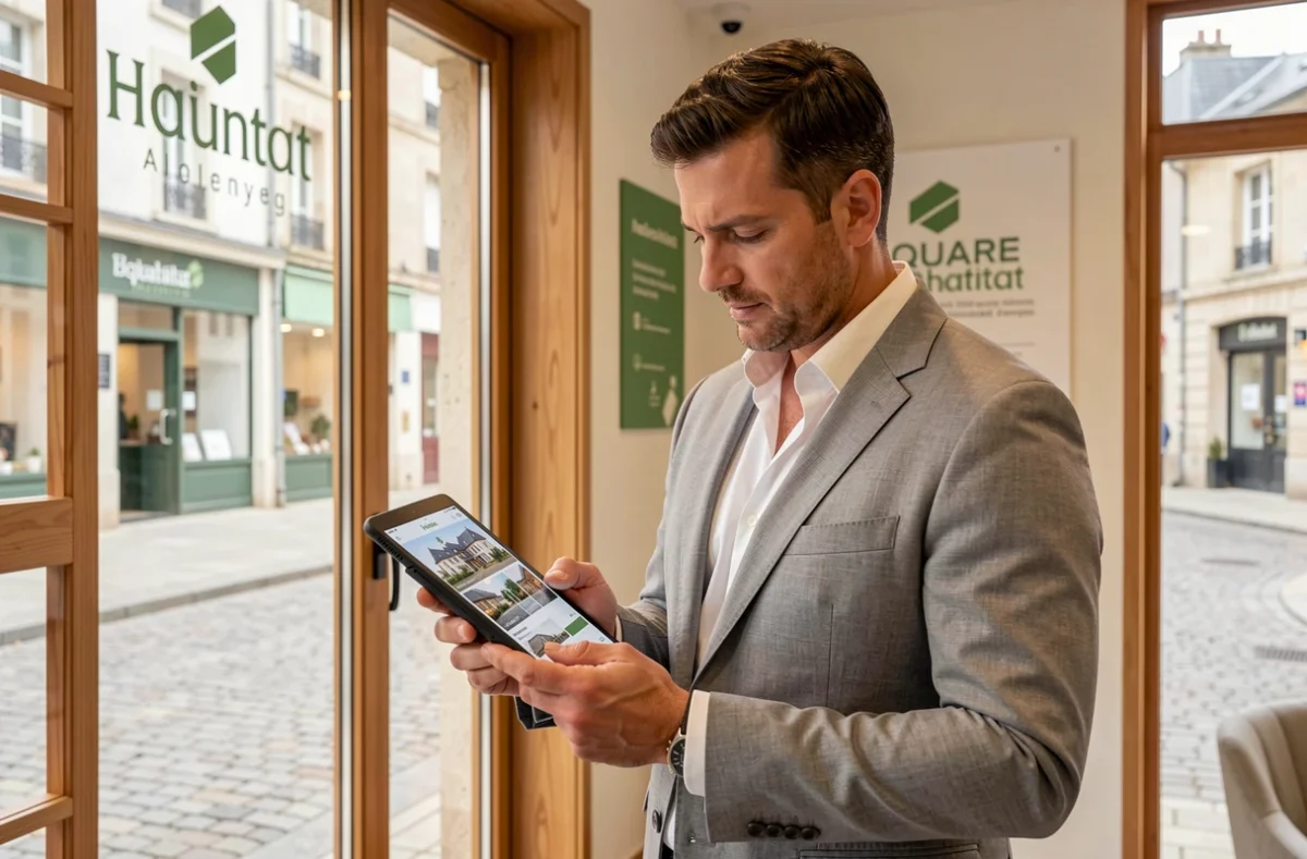 Conseiller immobilier Square Habitat consultant des annonces sur une tablette dans une agence du Nord
