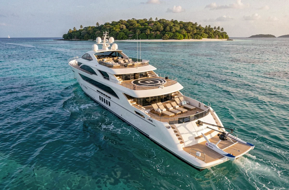 Superyacht de luxe ancré près d'une île tropicale isolée, avec hélipad, pont en teck et eaux turquoise translucides
