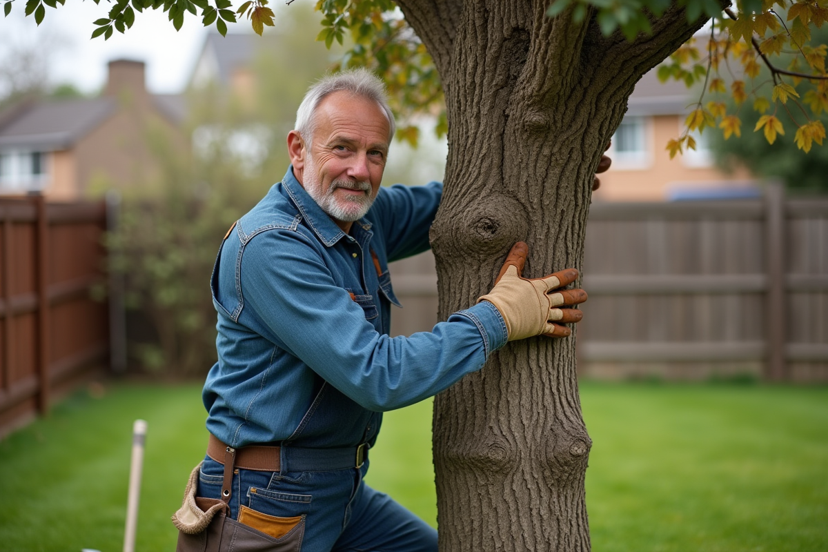 Homme taillant un vieux arbre dans un jardin suburbain