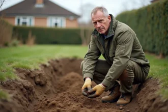 Technicien SPANC analysant un échantillon de sol lors d'une étude de sol pour assainissement non collectif dans un jardin résidentiel