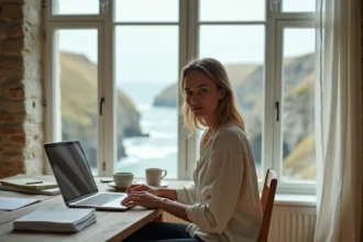 Femme en télétravail dans une maison normande avec vue sur la mer depuis son bureau en bois