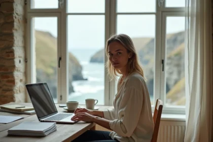 Femme en télétravail dans une maison normande avec vue sur la mer depuis son bureau en bois