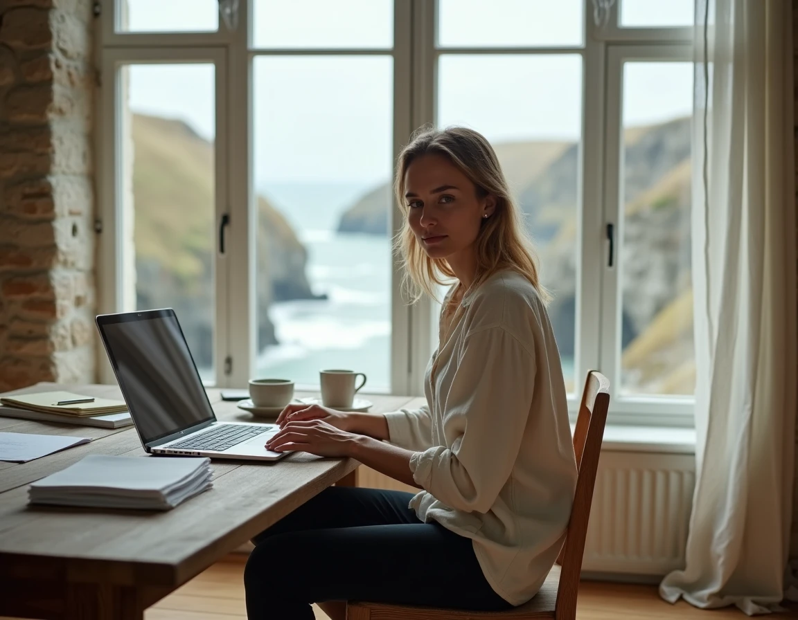 Femme en télétravail dans une maison normande avec vue sur la mer depuis son bureau en bois