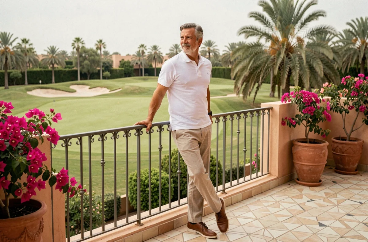 Homme sur la terrasse d'un appartement à vendre à Marrakech avec vue imprenable sur le parcours de golf